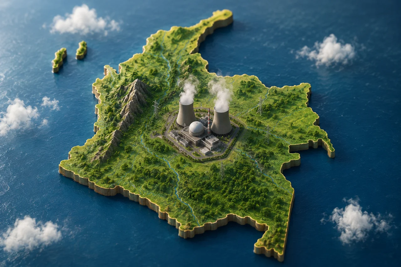 Ilustración conceptual de planta nuclear de pequeños reactores modulares en una isla, simbolizando la energía atómica en Colombia