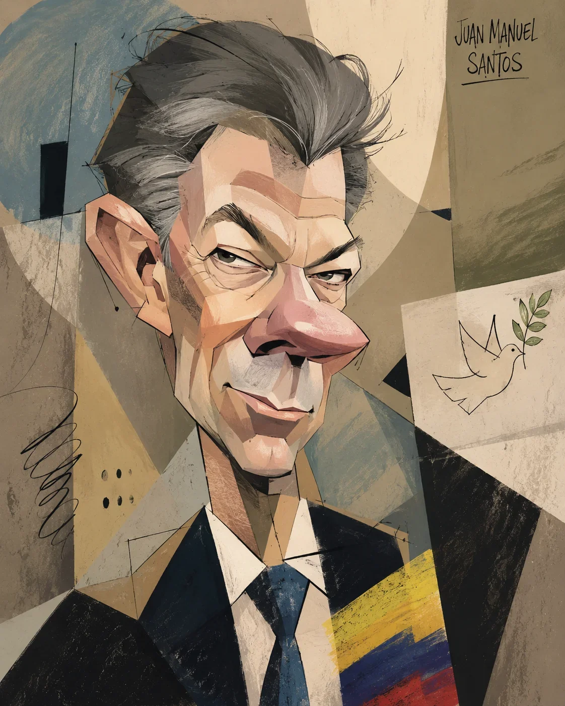 Ilustración estilo caricatura del expresidente Juan Manuel Santos, con un símbolo de paz y colores de la bandera colombiana.